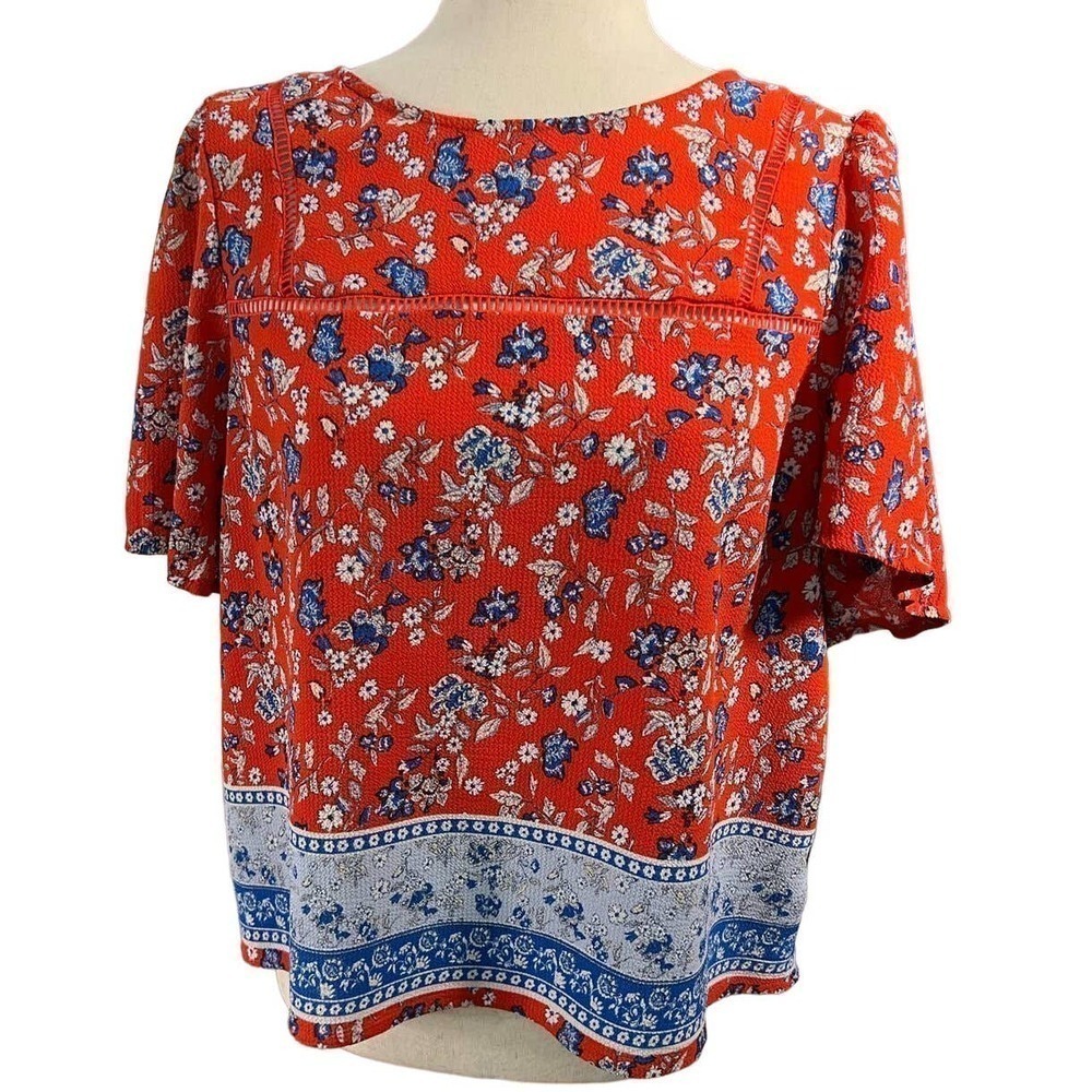 3/$27 June & Hudson Short Sleeve Blouse in Blue & Orange Floral, size Medium